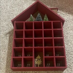 Wooden House-Shaped Advent Calendar with Mini Trees - Red